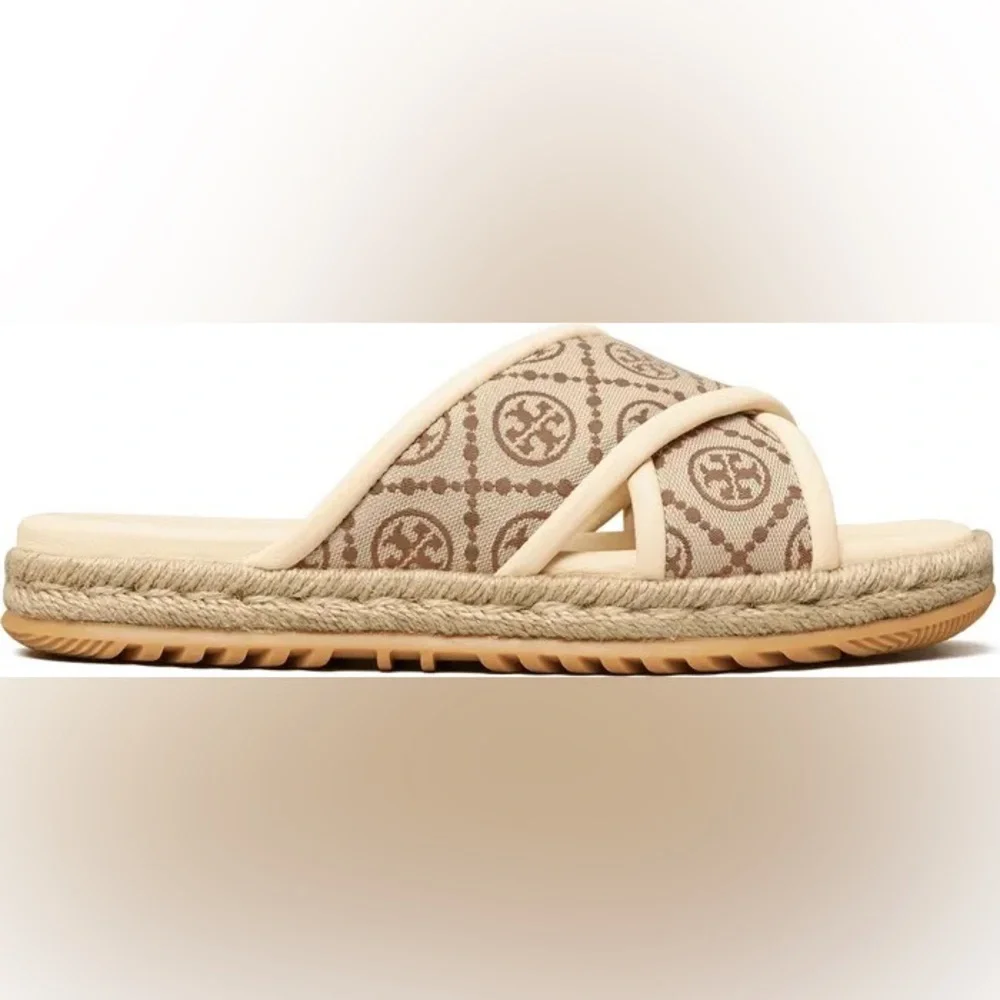 NWOT TORY BURCH T MONOGRAM CRISSCROSS ESPADRILLE SLIDES SIZE 8.5 - Picture 5 of 16